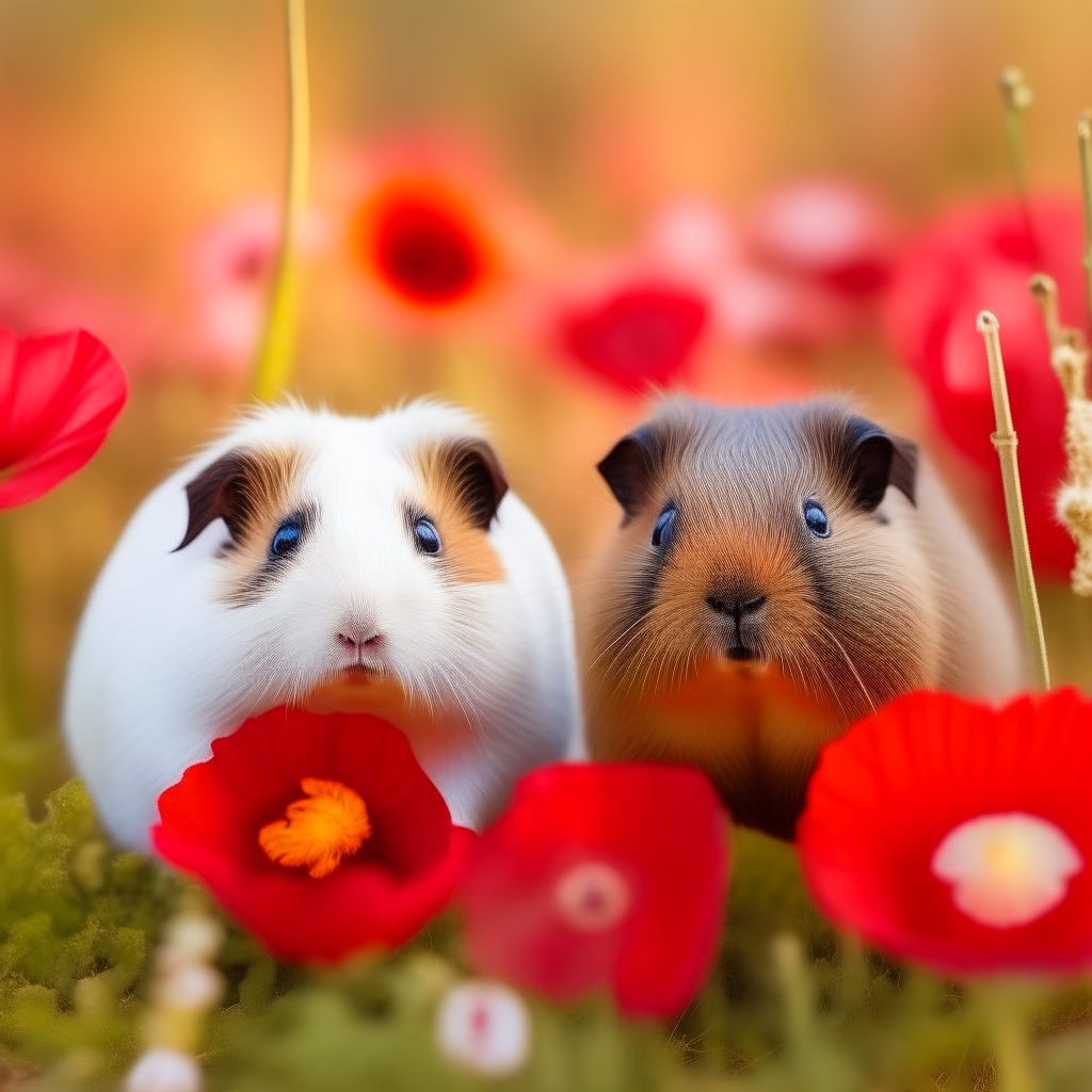 two cute guinea pigs standing in a field of red poppies a close up photo of two guinea pigs next to a large red poppy flower