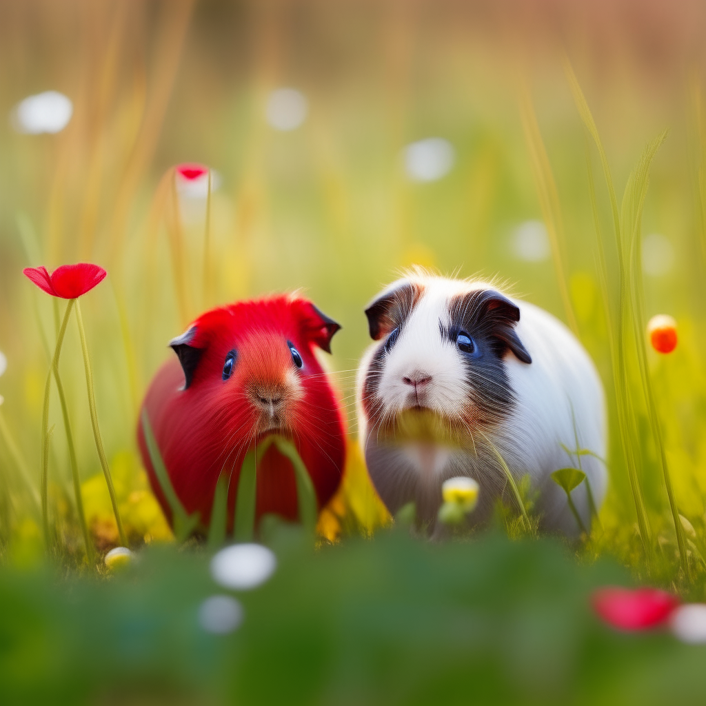 two cute guinea pigs standing in tall grass with one large red poppy flower