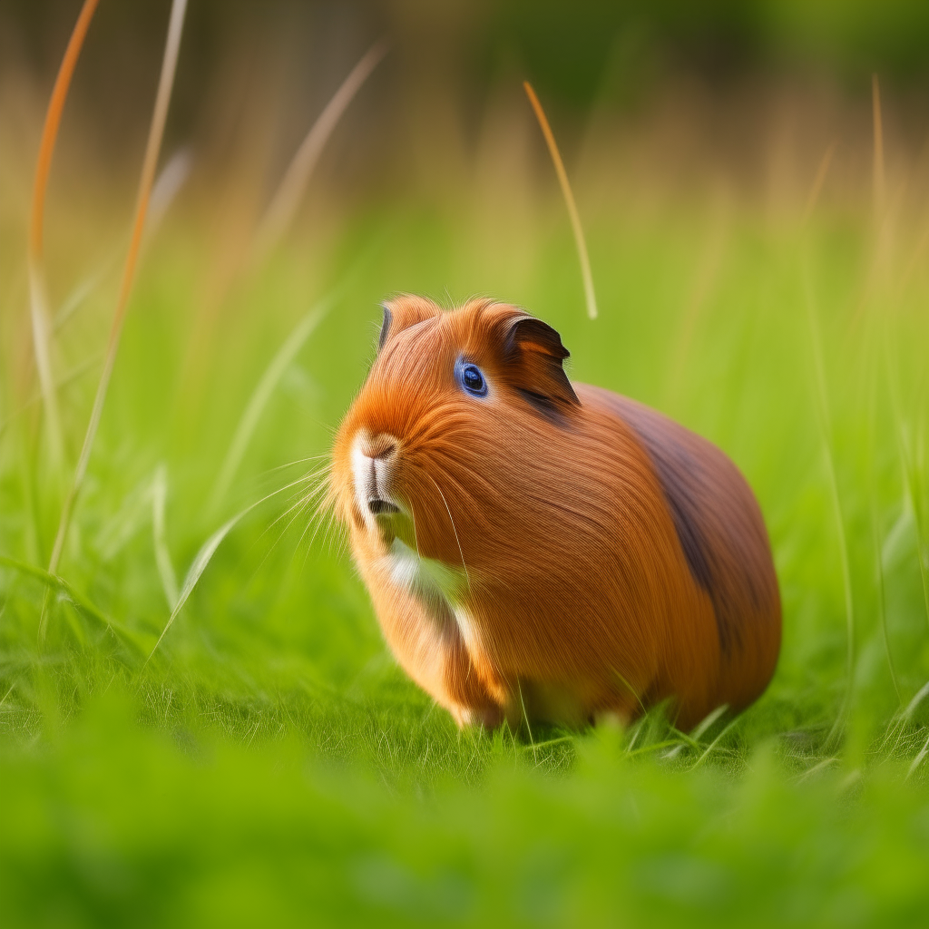 a cute brown guinea pig standing in a large field of green grass