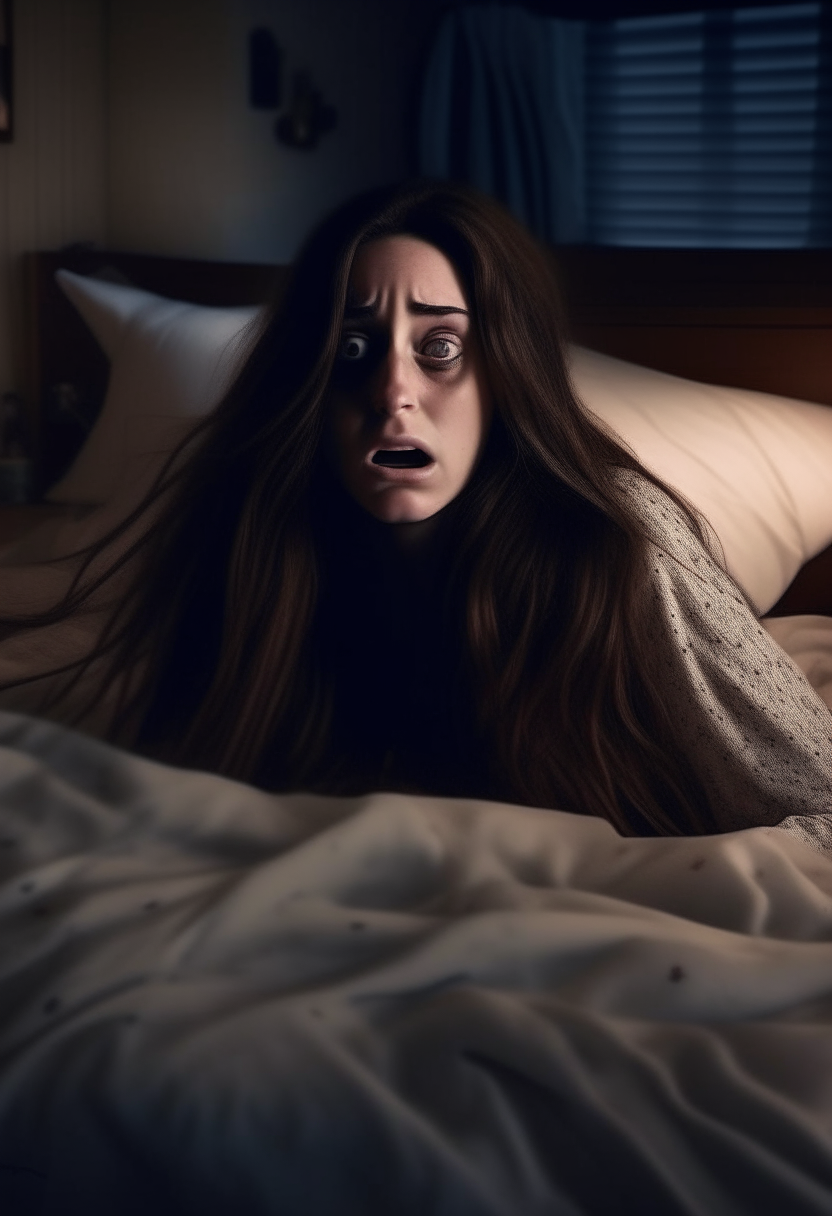 a photo-realistic image of a woman with long brown hair, laying in bed with eyes closed having a scary nightmare, dimly lit bedroom