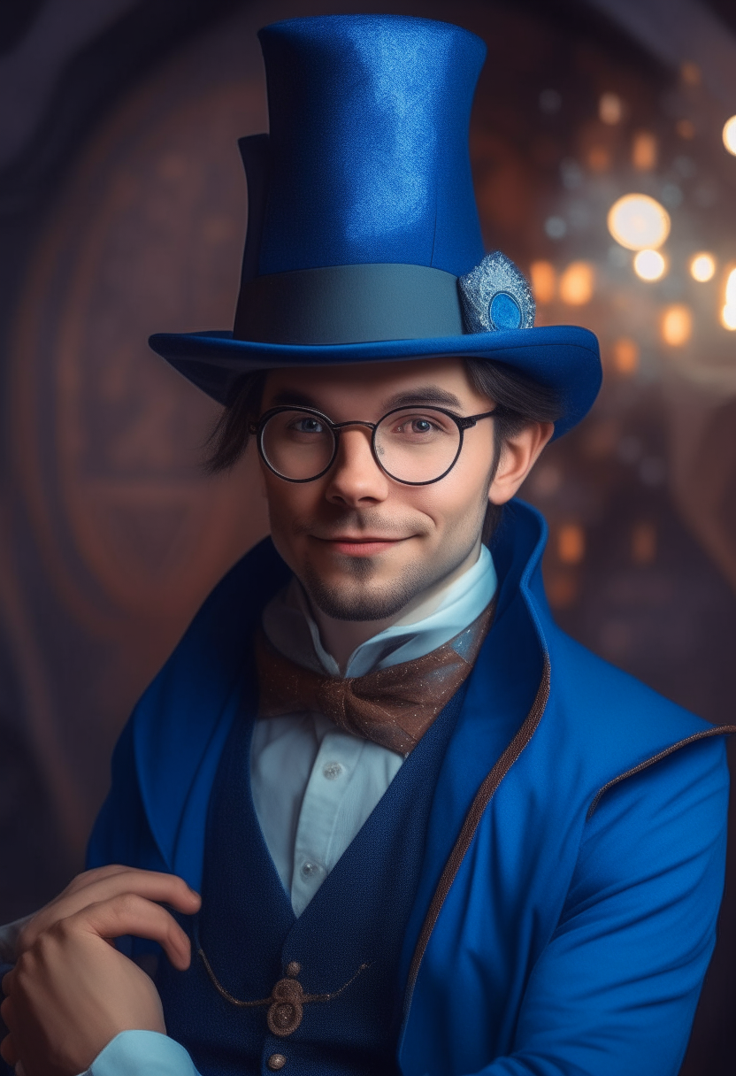 A magical consultant in fairy clothes from the future, he is confident, looks forward directly at the camera, he wears a blue jacket made of high quality leather with magical symbols, he wears a blue vest, on his head he wears a low hat in the form of a chimney sweep's top hat.