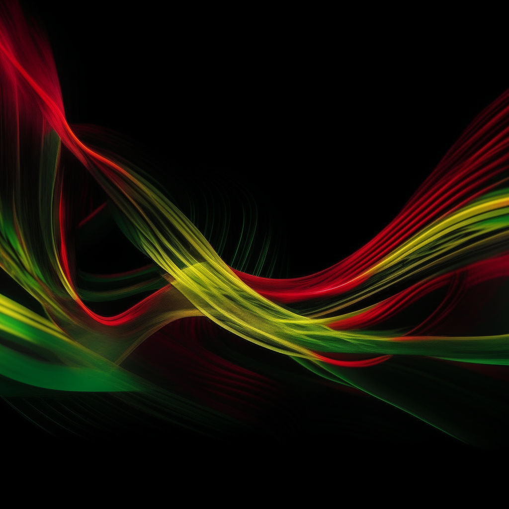 abstract background with curving red, yellow and green fluorescent lines twisting on a black canvas