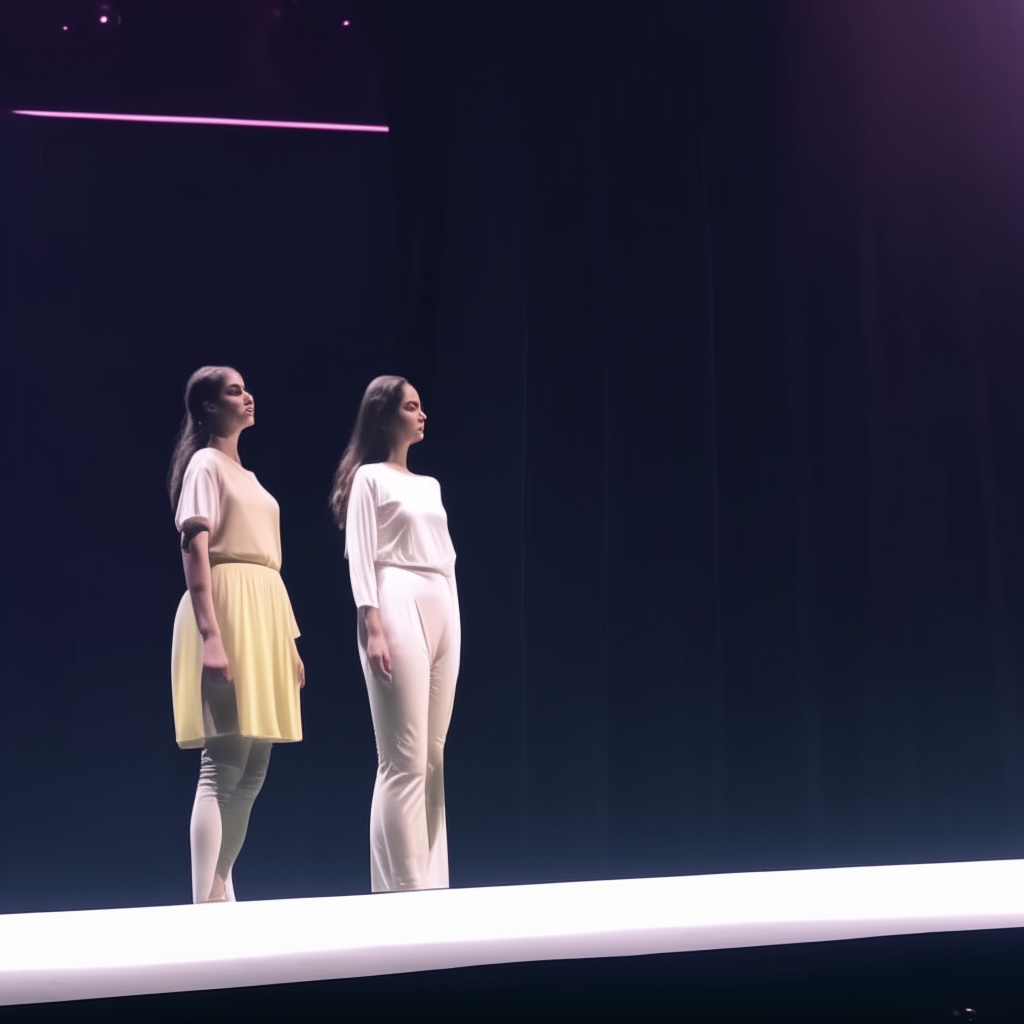 a high-definition image of a couple of women standing on top of a stage, 8K resolution