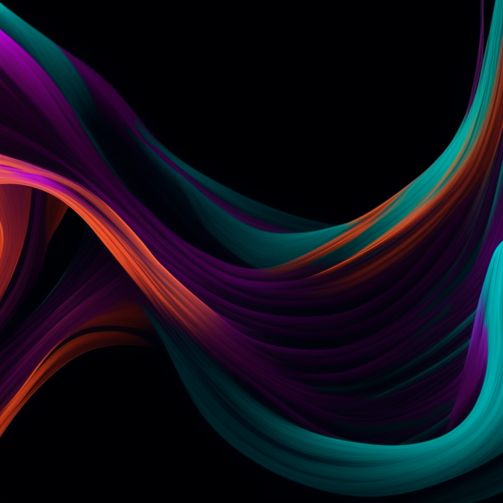 abstract background with curving purple, orange and teal fluorescent lines twisting on a black canvas in diagonal and curved patterns the lines move fluidly in an artistic, flowing style