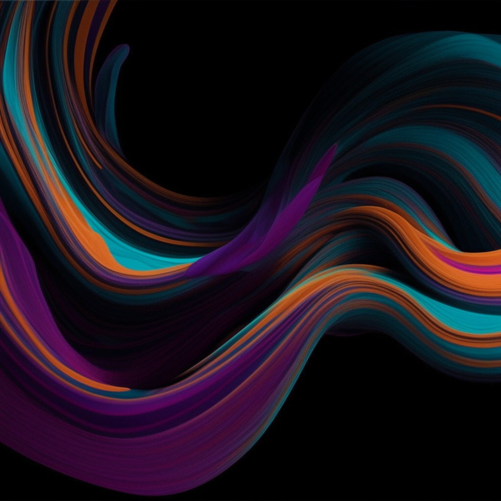 abstract background with curving purple, orange and teal lines twisting to form swirling patterns on a black canvas the fluid lines twist and intersect to make abstract shapes