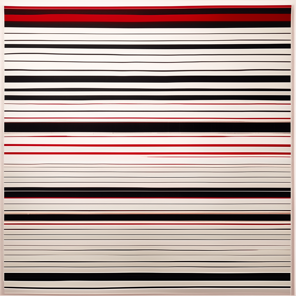 a white canvas with thin alternating black and red horizontal lines spaced evenly from the top and bottom