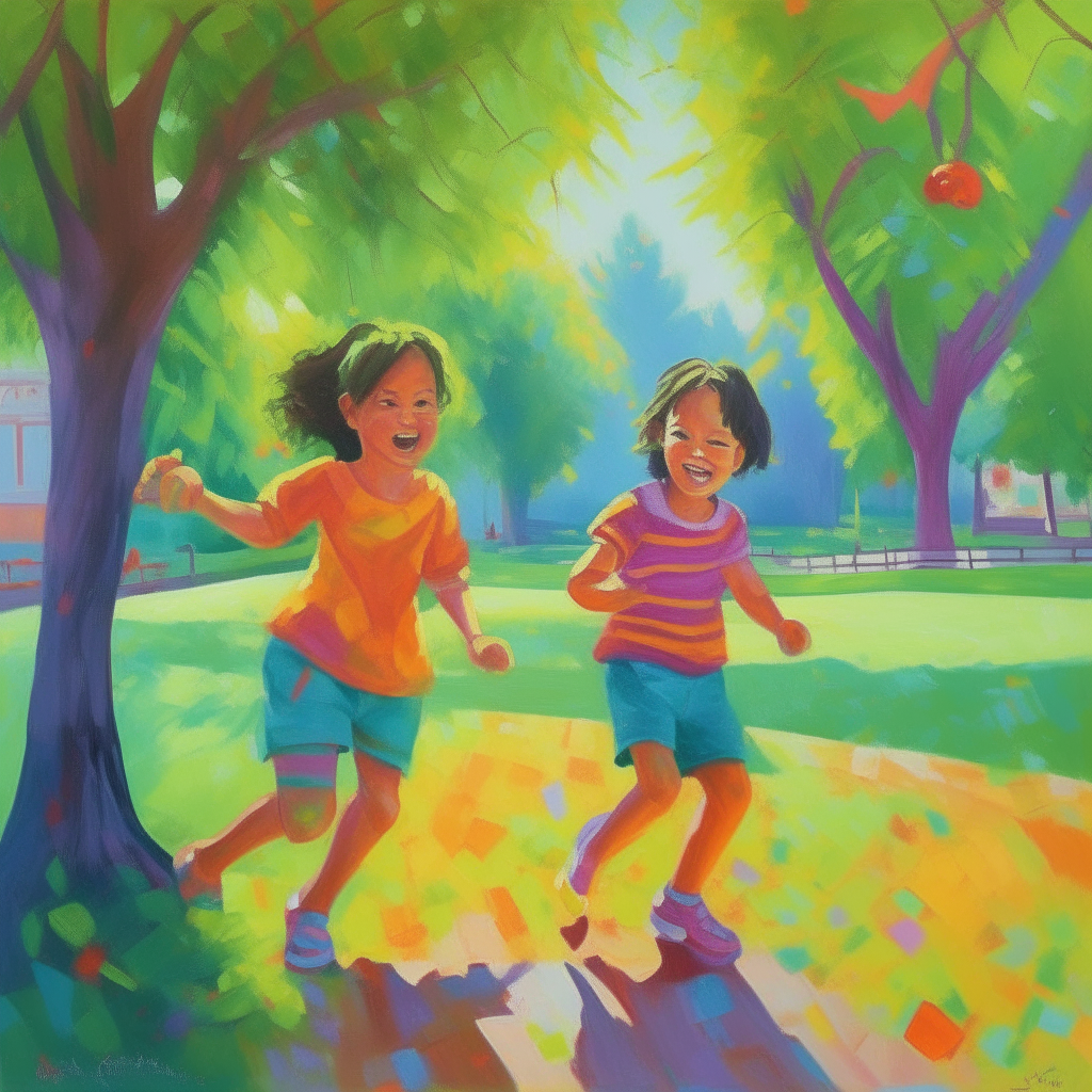a colorful painting of two happy children playing in a sunny park