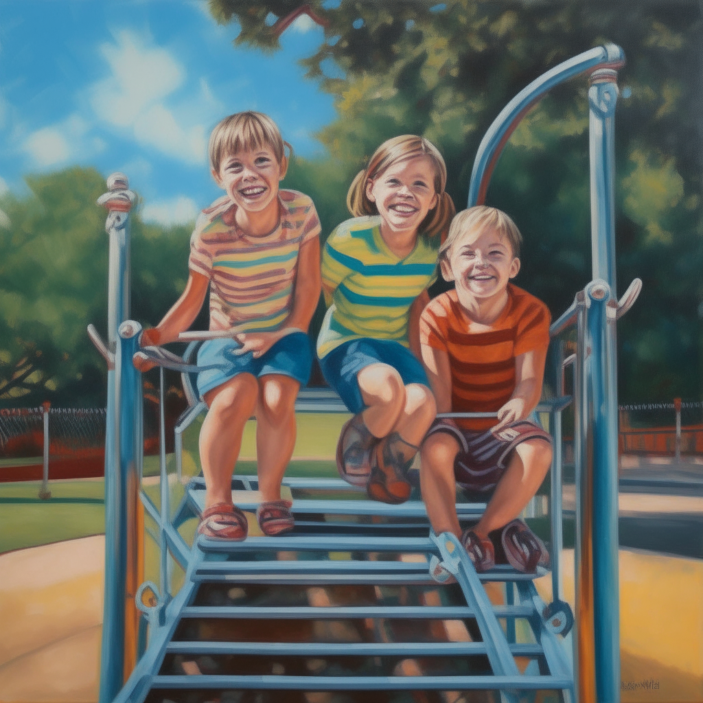 a painting of three happy children on playground equipment in a park