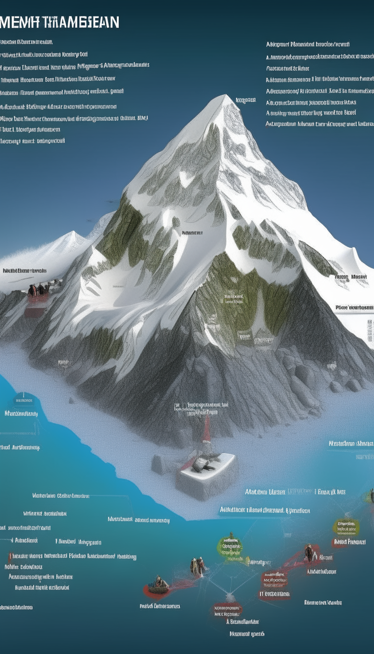 Illustrate a detailed comparison between Mount Everest and Mauna Kea. On one side, show Mount Everest with climbers ascending its snowy peak, and a label indicating its height above sea level. On the other side, depict Mauna Kea with its base starting below sea level, showing the underwater section and the above-water peak. Include a scale or ruler to show the true height of Mauna Kea from base to summit, highlighting that it surpasses Everest. Use arrows and labels for clarity. 3d rendered, cinematic, poster.