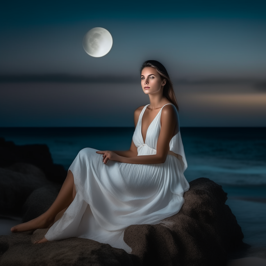 hermosa mujer pelirroja , con un vestido blanco que define sus formas y de telas suaves, que acarician su puerdo delicado, posa a la luz de la luna, al borde de un acantilado desde el que se observa el atardecer sobre el horizonte del mar.
