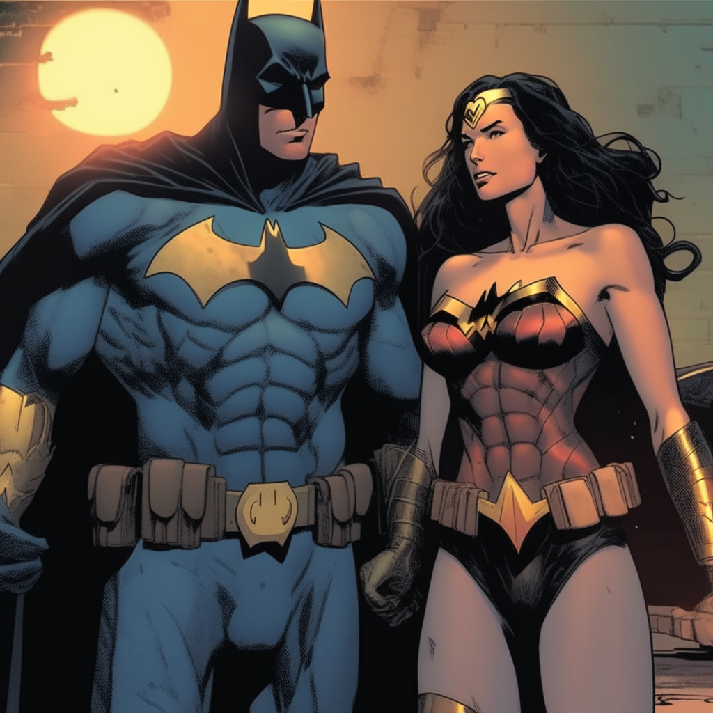 batman sorprende a wonder woman por detras  y la agarra por la cintura

