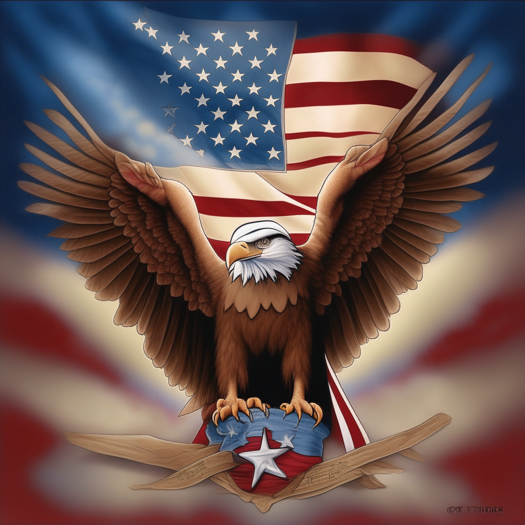 Have an image of an American flag with an image of an eagle in the red and white stripes. Add a radiant cross to the area where the stars are. Add the phrase, "ONE NATION UNDER GOD"