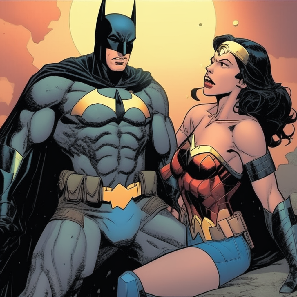 batman sorprende a wonder woman por detras  y la agarra por la cintura en una azotea solitaria donde la penetra brutalmente mientras ella grita de placer

