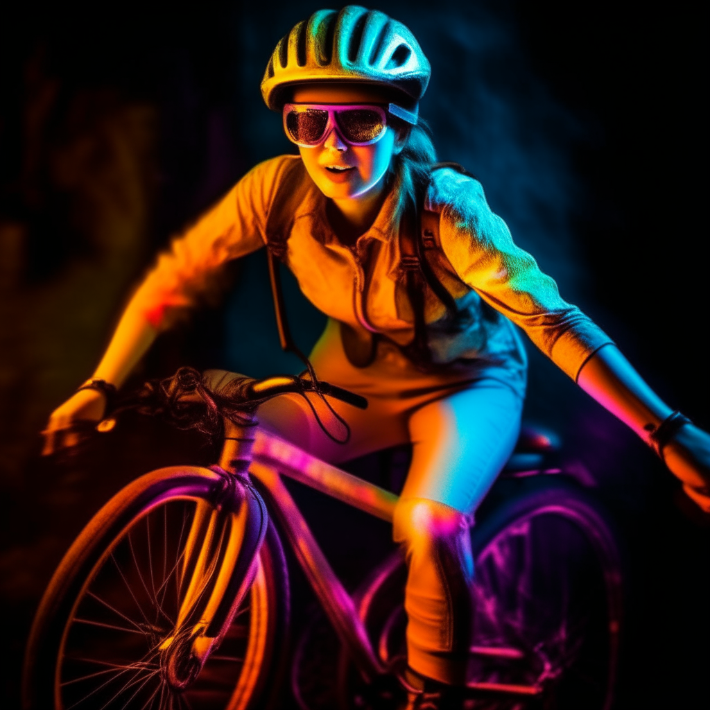 Steampunk off-road bicycle driven by a cute female cyclist with a helmet.  cap cycling glasses, lively, like a beautiful light painting, bright colors