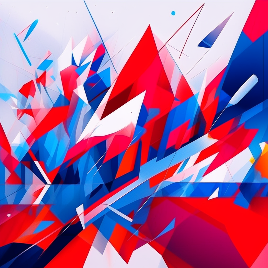 Abstract geometric shapes overlapping on a white background, with some shapes in a bright royal blue and others in a neon pinkish-red, in 1080p resolution.