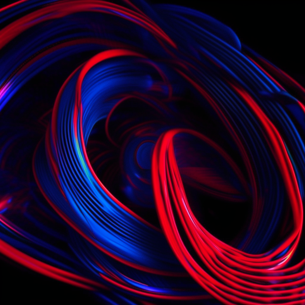 Bright neon spirals and curves in fluorescent pinkish-red and royal blue wrap and twist across a black canvas, in 4K resolution.