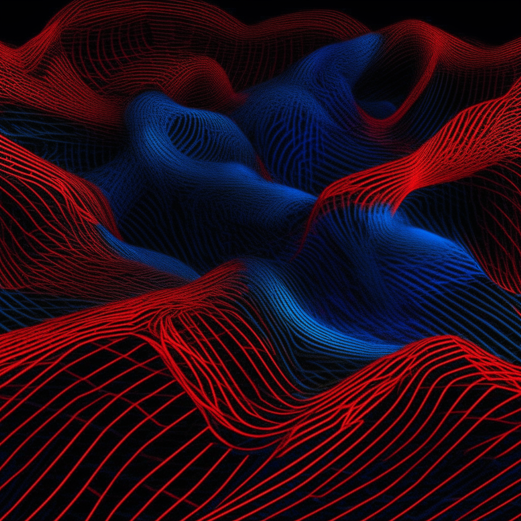 Thin, curving lines of fluorescent red and electric blue weave together in an abstract, overlapping pattern on a black canvas.