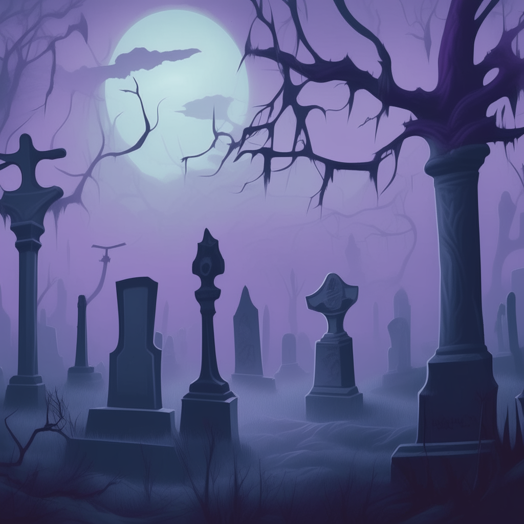 Create a spooky, cartoon-style graveyard scene. The graveyard should have eerie, twisted trees, old tombstones, and a creepy, foggy atmosphere. Include a full moon in the background with bats flying around it. The color palette should be dark and moody with shades of purple, black, and gray. The overall vibe should be scary but with a cartoonish, slightly whimsical touch.