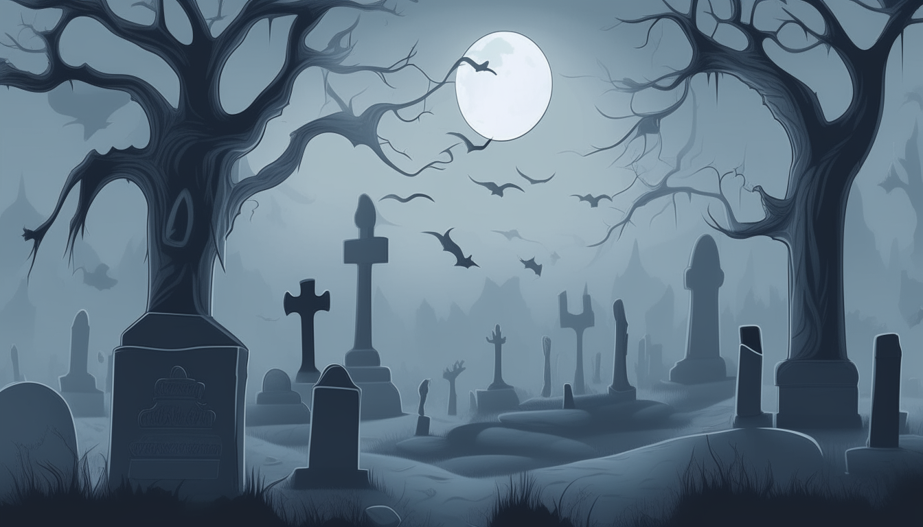 Create a spooky, cartoon-style graveyard scene. The graveyard should have eerie, twisted trees, old tombstones, and a creepy, foggy atmosphere. Include a full moon in the background with bats flying around it. The color palette should be dark and moody with shades gray. The overall vibe should be scary but with a cartoonish, slightly whimsical touch ar: 16:9 .