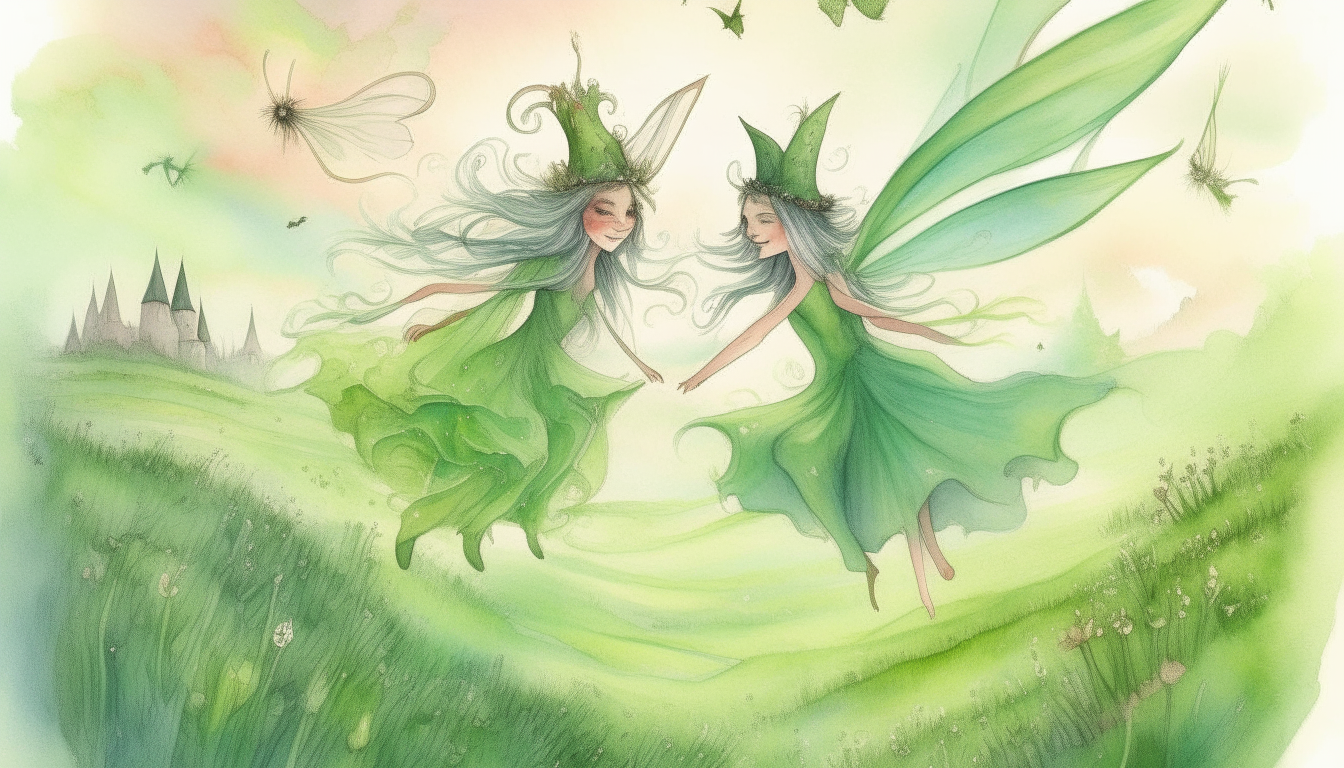 a fairy with long light green hair wearing fairy attire and a grasshopper wearing a top hat, fluttering their wings as they both fly over the English countryside, Disney style watercolour, highest level of intricate details, 4K quality, 16:9 aspect ratio