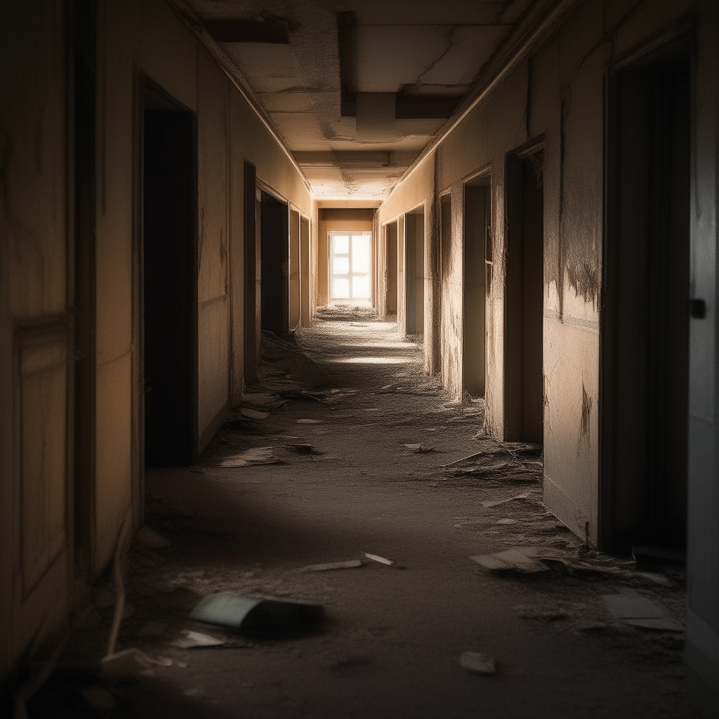 The walkway inside the abandoned building on both sides of the road was full of dust and rows of cluttered rooms, some of which were closed, some of which were opened, some of which had broken doors from the ransacking.  On the walkway, there were faint black footprints on the floor, a path, low light, 8k clarity.