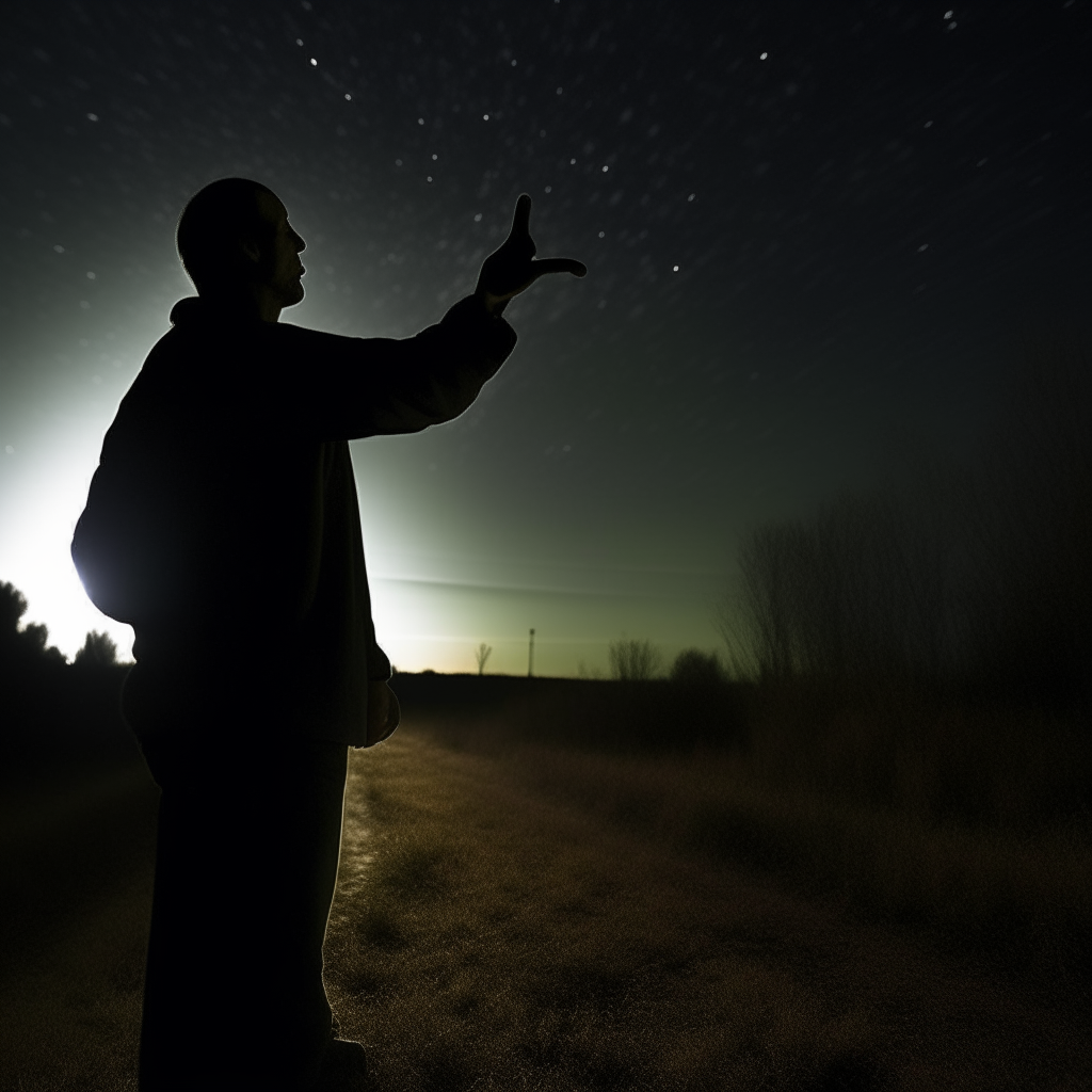 A person in a rural setting at night, startled and pointing towards a dark, shadowy figure in the distance.