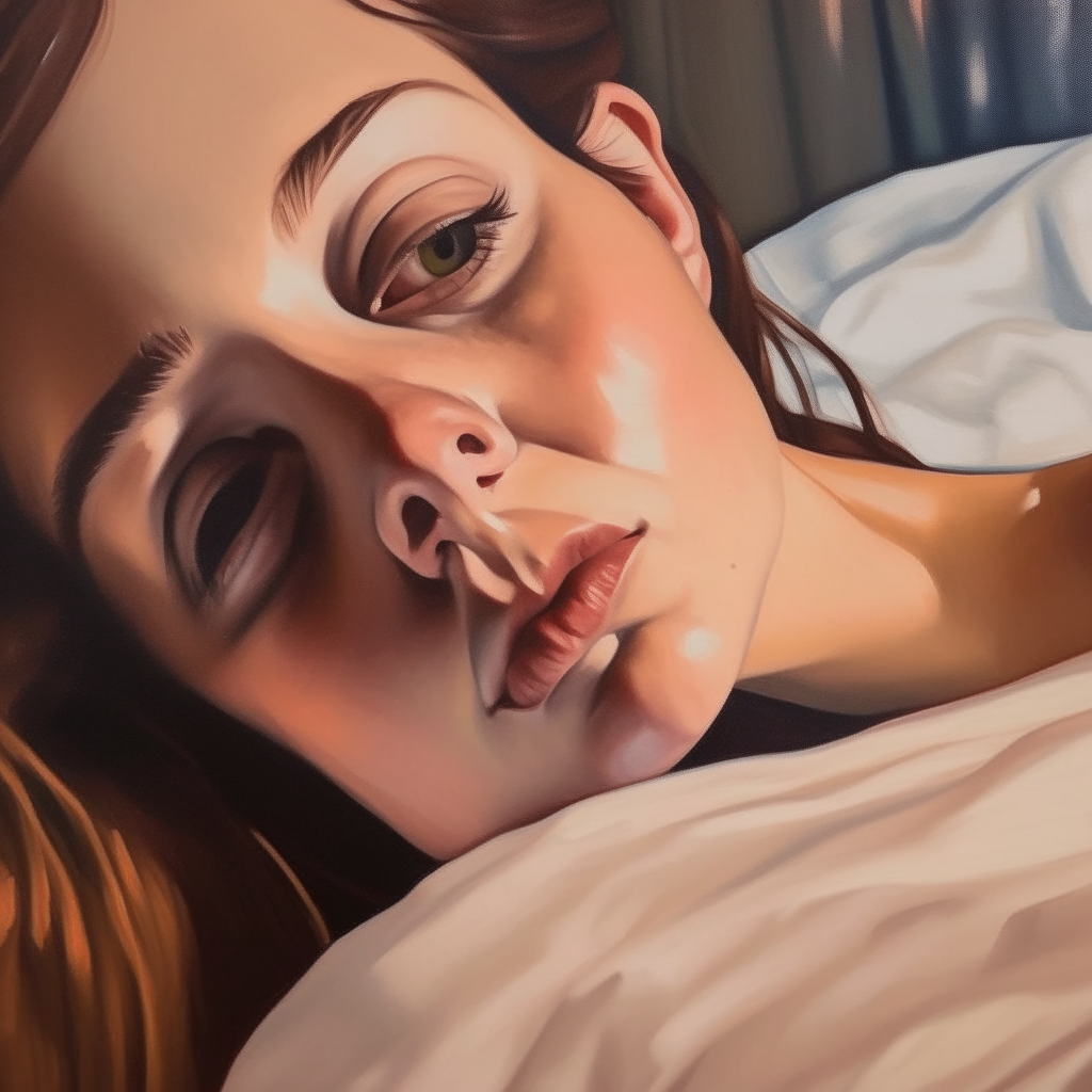 a closeup of the woman's face in the painting another woman lost in thought on her bed