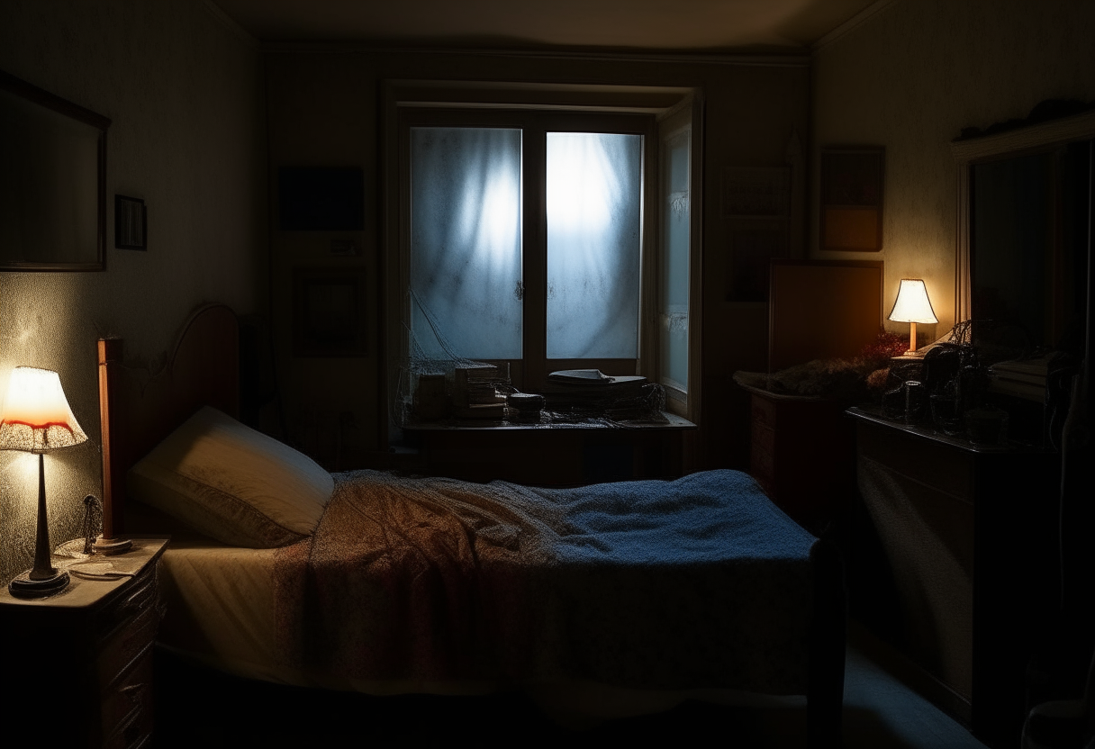 the bedroom at night, only illuminated by moonlight through the window