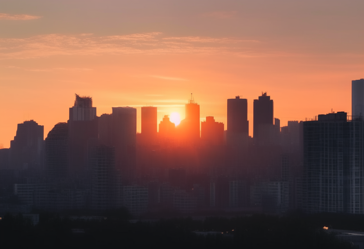 a serene cityscape at dusk, with the lights of tall buildings glowing softly as the sun sets over the skyline