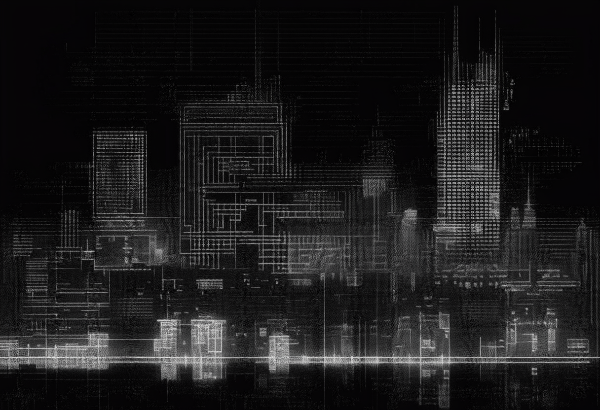 an ASCII art interpretation of the cityscape image, with symbols used to represent the buildings, lights and landscape