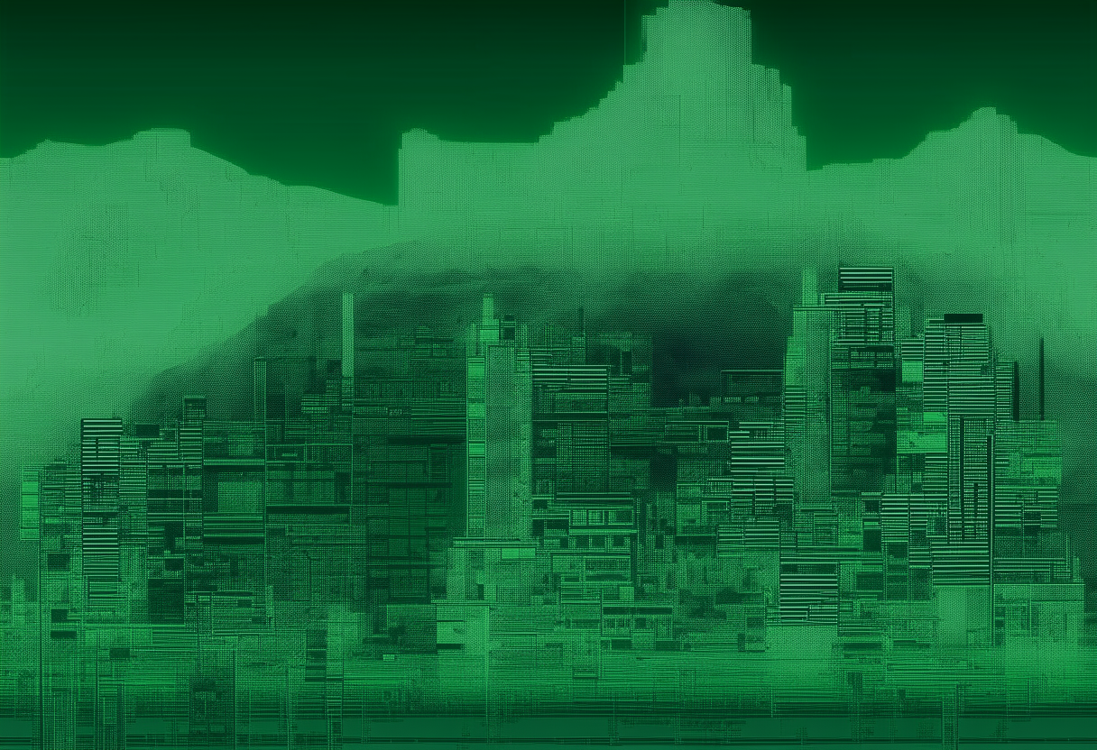 a monochrome green phosphor ASCII art interpretation of the cityscape image, with symbols used to represent the buildings, cliffs, lights and landscape of a desert coastline in Patagonia