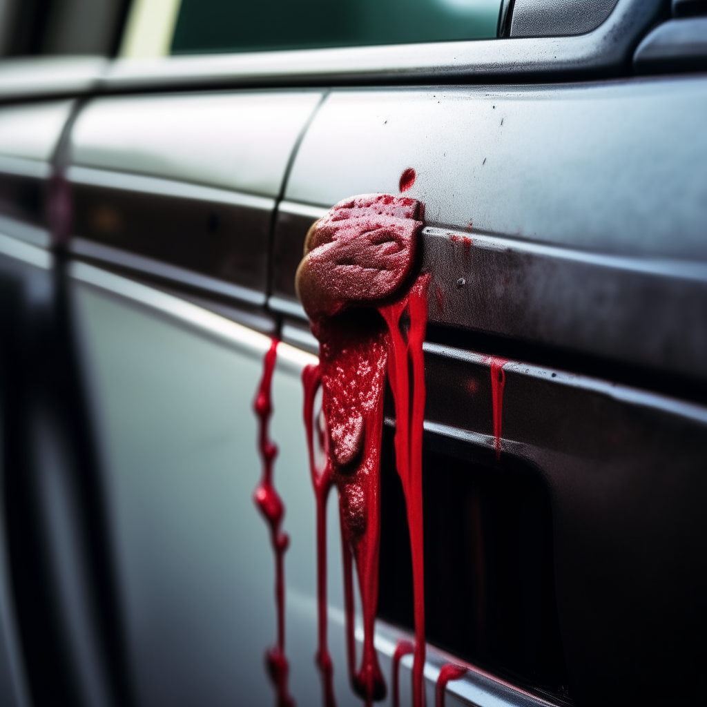 a Hook with blood hanging from the car door handle