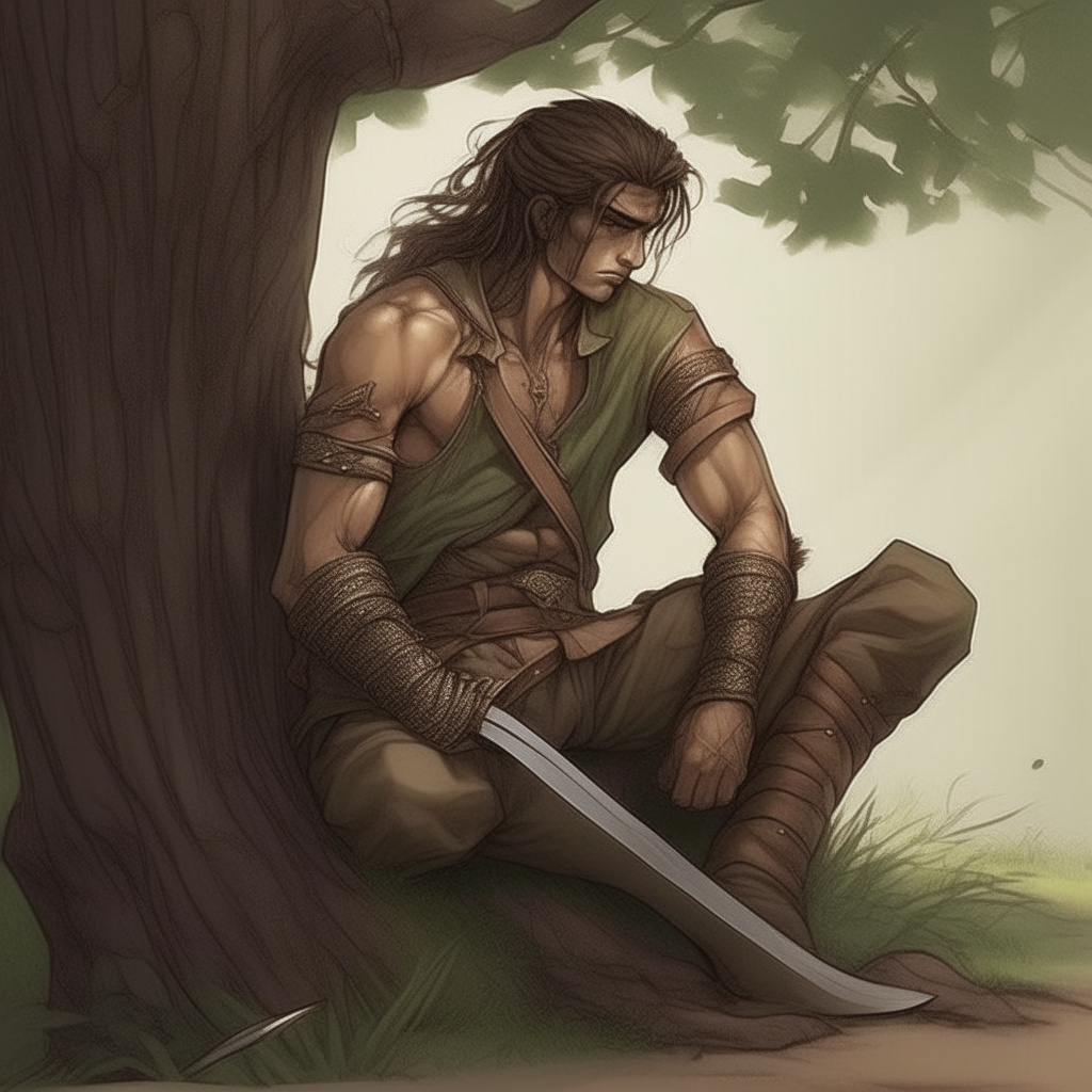A conscious and determined guard warrior ((sleeps ((at night)) in a sitting position on the ground, bowing his head and leaning against a large tree)). ((He puts his sword on his thighs)). He is shirtless and has battle scars but his jacket is over his shoulders. His hair is light brown. He wears high-waisted warrior pants that reach just above his navel. In front of him is a small pile of wood burning. It is lit by fire and nothing else.
