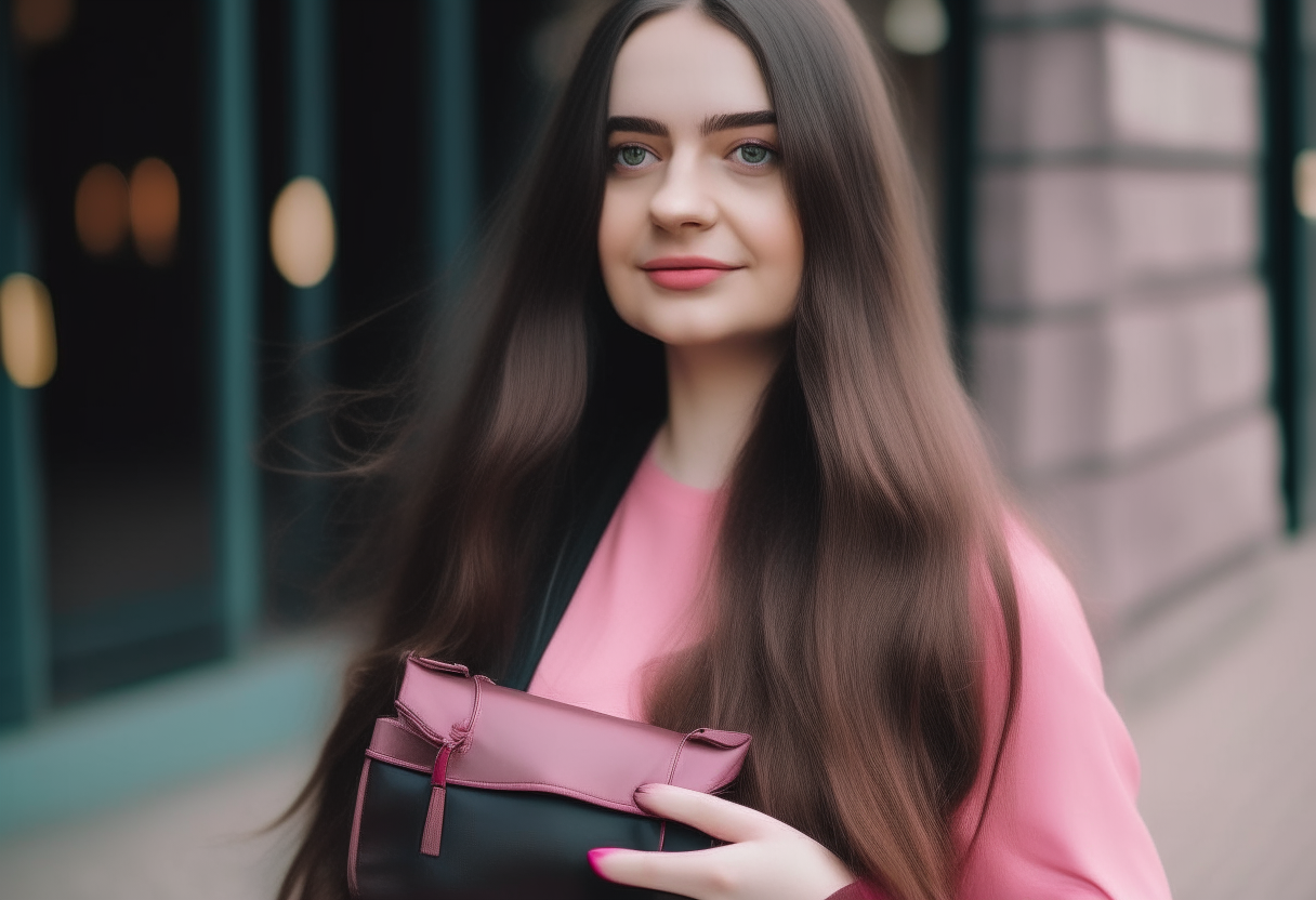 A woman with long hair dark brown  holding a small pink bag
