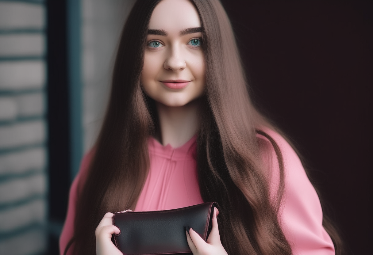 A woman with long hair dark brown  holding a small pink bag
