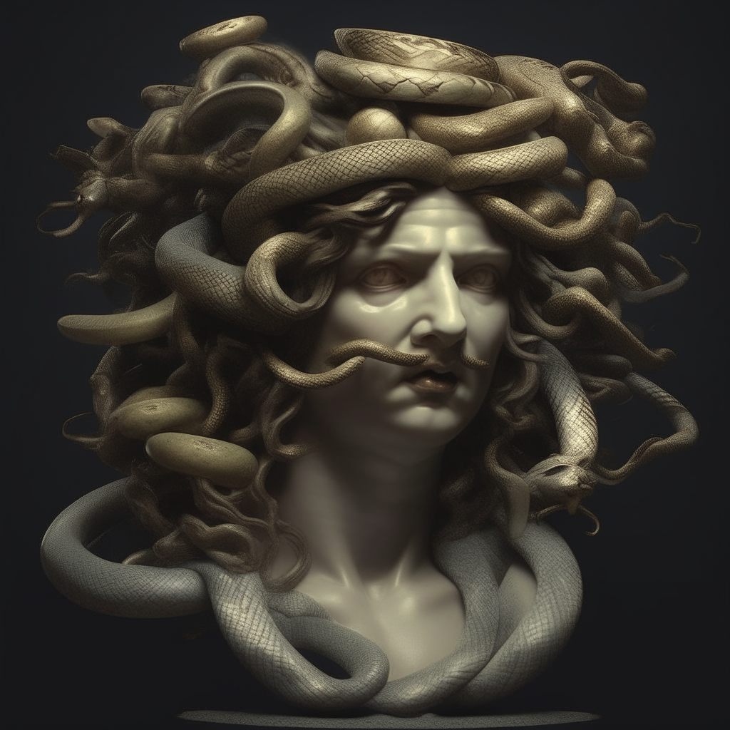 a portrait of Medusa's head and snakes from a 3/4 view, photorealistic style