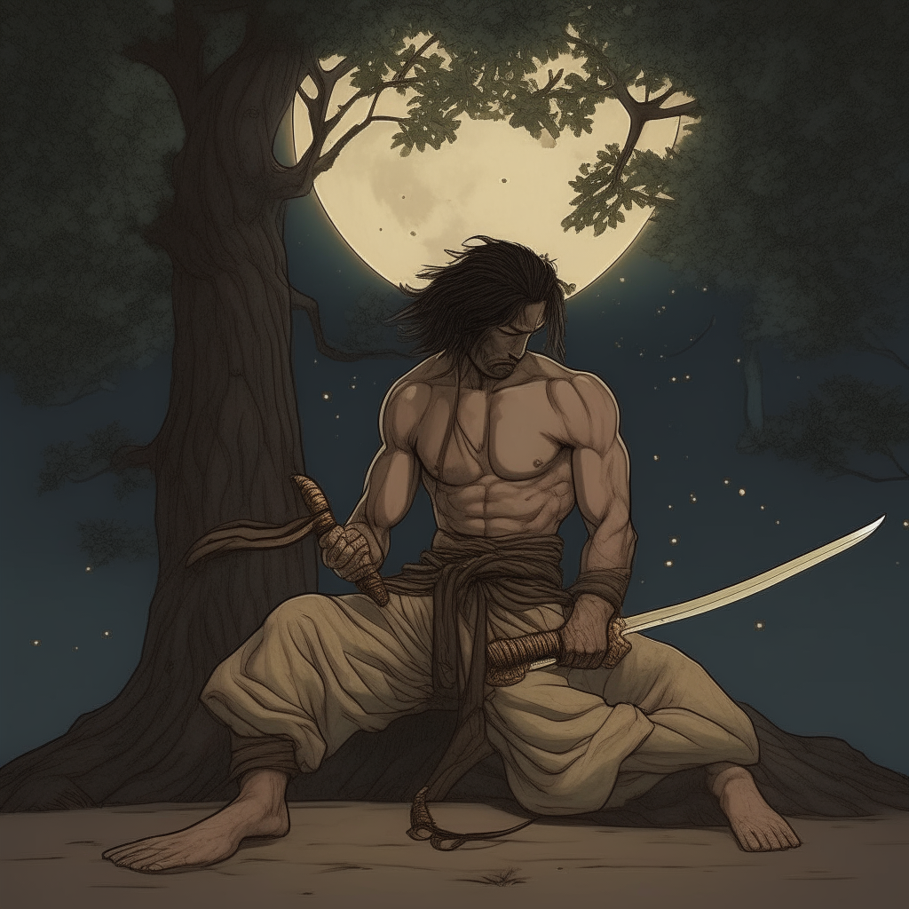 A warrior falls asleep in his guard near a large tree ((at night)) sitting on the ground, with his head bowed and his back supported. ((He places the katana sword crosswise between his stomach and legs)). He is shirtless and has battle scars but throws a robe over his shoulders. His hair is light brown. He wears high-waisted warrior pants that reach just above his navel. In front of him is a small pile of burning wood. It is lit by fire and nothing else.