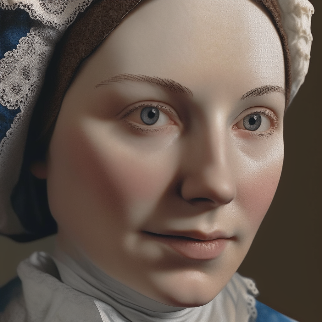 a close-up portrait of the woman from image 1, showing her face and clothing in finer detail