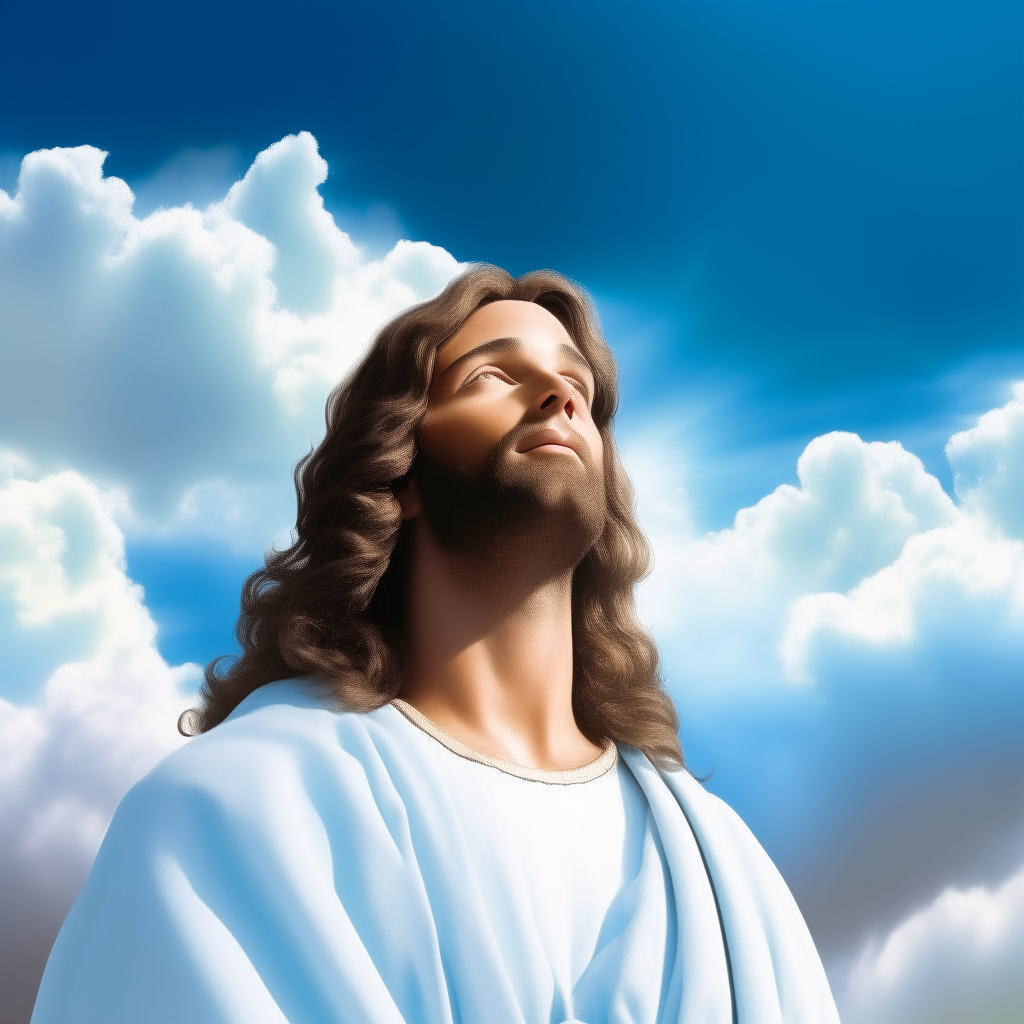 Jesus looking serene, surrounded by fluffy white clouds in a blue sky