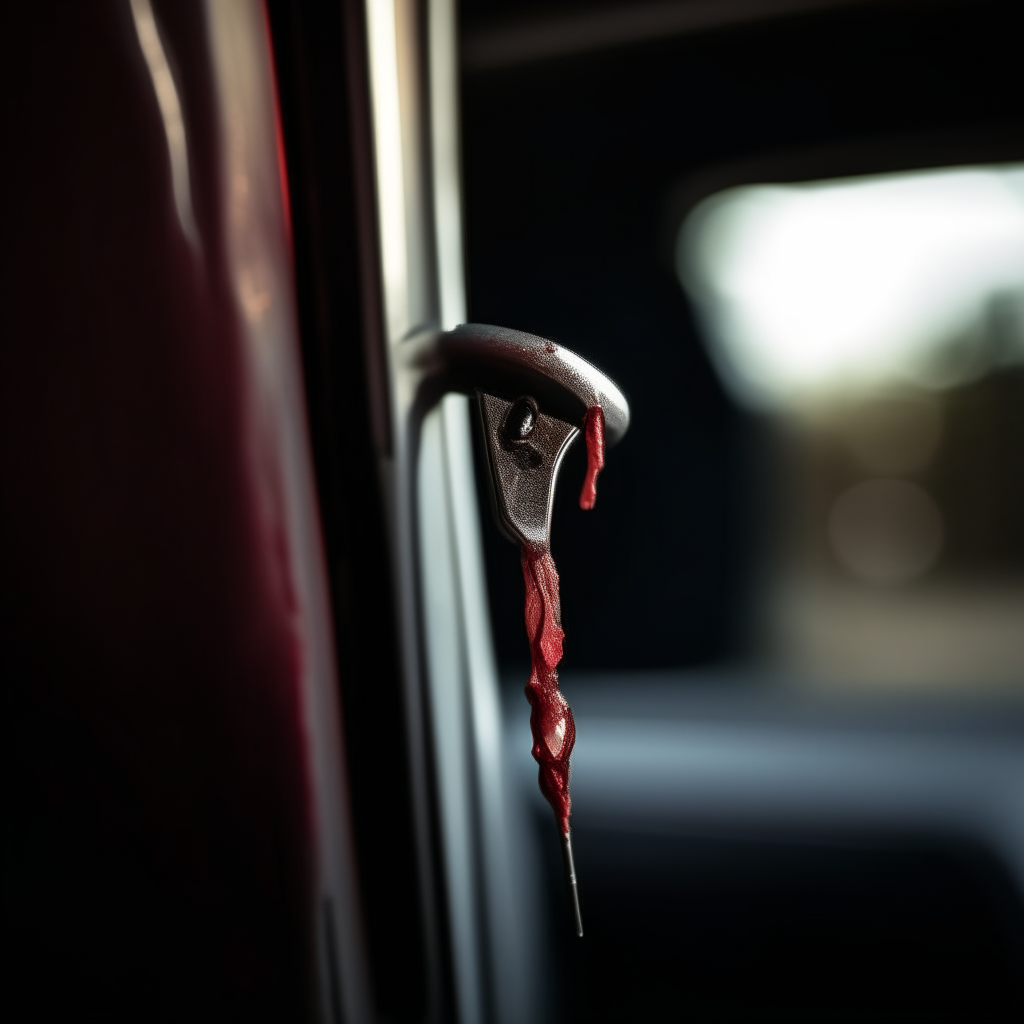 Prompt: A hook with blood hanging from the car door handle.