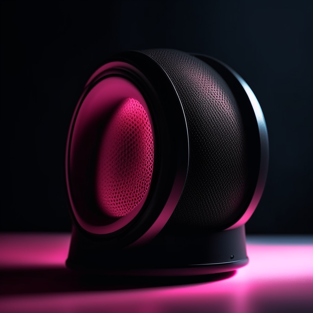 a black speaker with a pink light on it