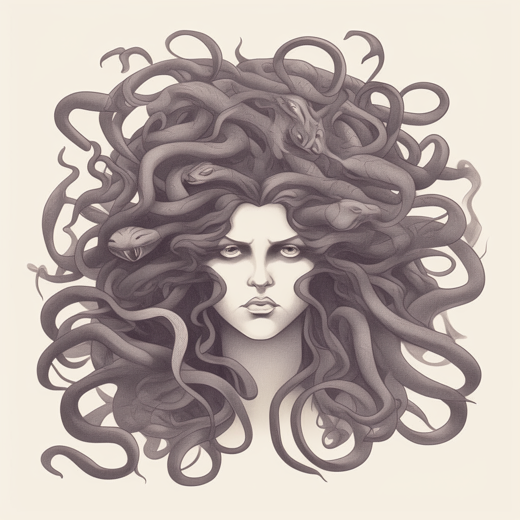 a drawing of Medusa with snakes emerging menacingly from her long hair