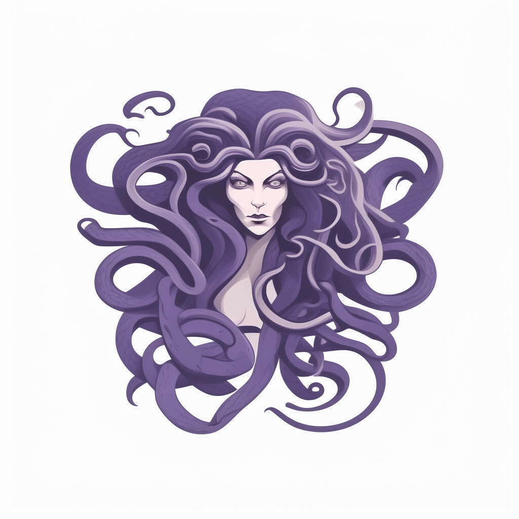 stylized logo of Medusa with long flowing purple hair, white eyes and snakes, on a white background, in a minimalist vector art style
