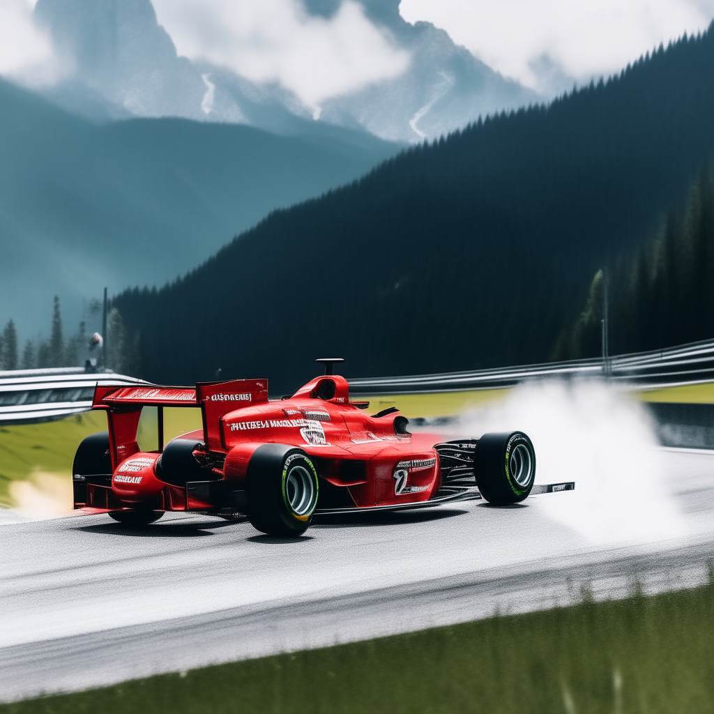 formula 1 in full action with a mountain backdrop seen from the rear