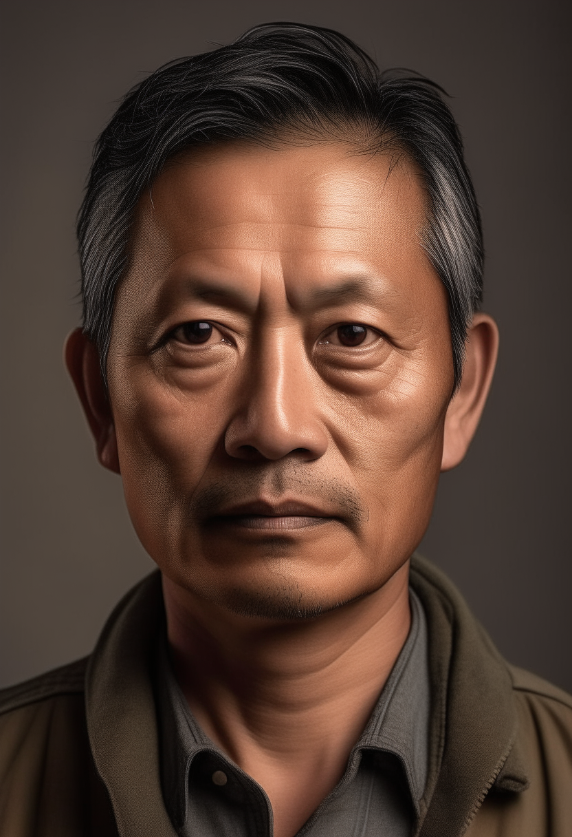 resolution portrait of a middle-aged Asian Nepalese stylish man with a neutral, serious expression. He has short, straight black hair that is neatly combed to the side, and his complexion is fair. His face is well-defined with calm, determined dark brown eyes, and he appears to be in a thoughtful and composed state. He is wearing a light brown crew-neck shirt, which contrasts subtly with his skin tone. 

The background should be plain white to ensure that the focus remains entirely on the subject. The lighting must be even and balanced, illuminating his face and shirt without creating strong shadows or highlights, providing a clear and detailed view of his facial features and the texture of his clothing. The image should capture the intricate details such as the texture of his hair, the fine lines of his face, and the fabric of his shirt. The overall composition should emphasize clarity and simplicity, ensuring the subject stands out prominently against the plain background.