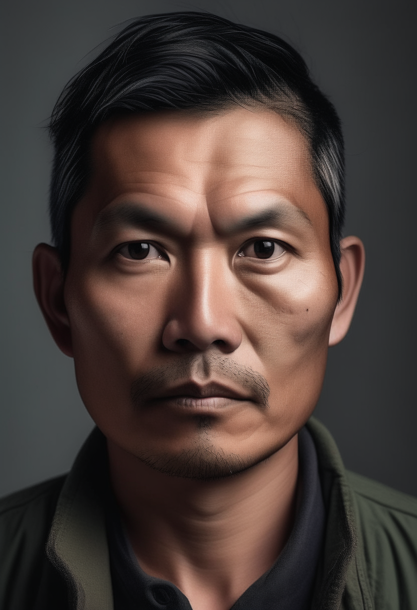 resolution portrait of a 30-aged Asian Nepalese stylish man with a neutral, serious expression. He has short, straight black hair that is neatly combed to the side, and his complexion is fair. His face is well-defined with calm, determined dark brown eyes, and he appears to be in a thoughtful and composed state. He is wearing a light brown crew-neck shirt, which contrasts subtly with his skin tone. 

The background should be plain white to ensure that the focus remains entirely on the subject. The lighting must be even and balanced, illuminating his face and shirt without creating strong shadows or highlights, providing a clear and detailed view of his facial features and the texture of his clothing. The image should capture the intricate details such as the texture of his hair, the fine lines of his face, and the fabric of his shirt. The overall composition should emphasize clarity and simplicity, ensuring the subject stands out prominently against the plain background.