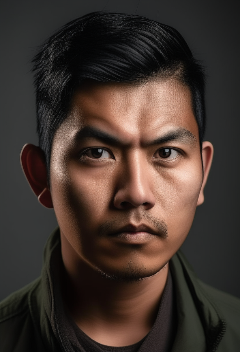 resolution portrait of a 20-aged Asian Nepalese stylish man with a neutral, serious expression. He has short, straight black hair that is neatly combed to the side, and his complexion is fair. His face is well-defined with calm, determined dark brown eyes, and he appears to be in a thoughtful and composed state. He is wearing a light brown crew-neck shirt, which contrasts subtly with his skin tone. 

The background should be plain white to ensure that the focus remains entirely on the subject. The lighting must be even and balanced, illuminating his face and shirt without creating strong shadows or highlights, providing a clear and detailed view of his facial features and the texture of his clothing. The image should capture the intricate details such as the texture of his hair, the fine lines of his face, and the fabric of his shirt. The overall composition should emphasize clarity and simplicity, ensuring the subject stands out prominently against the plain background.