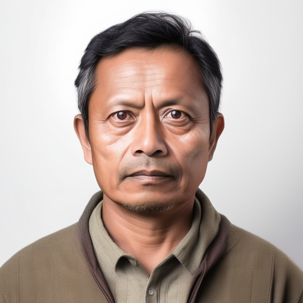 A portrait of a middle-aged Asian Nepalese man with short black hair combed to the side, calm brown eyes, and a light brown crew neck shirt against a plain white background.