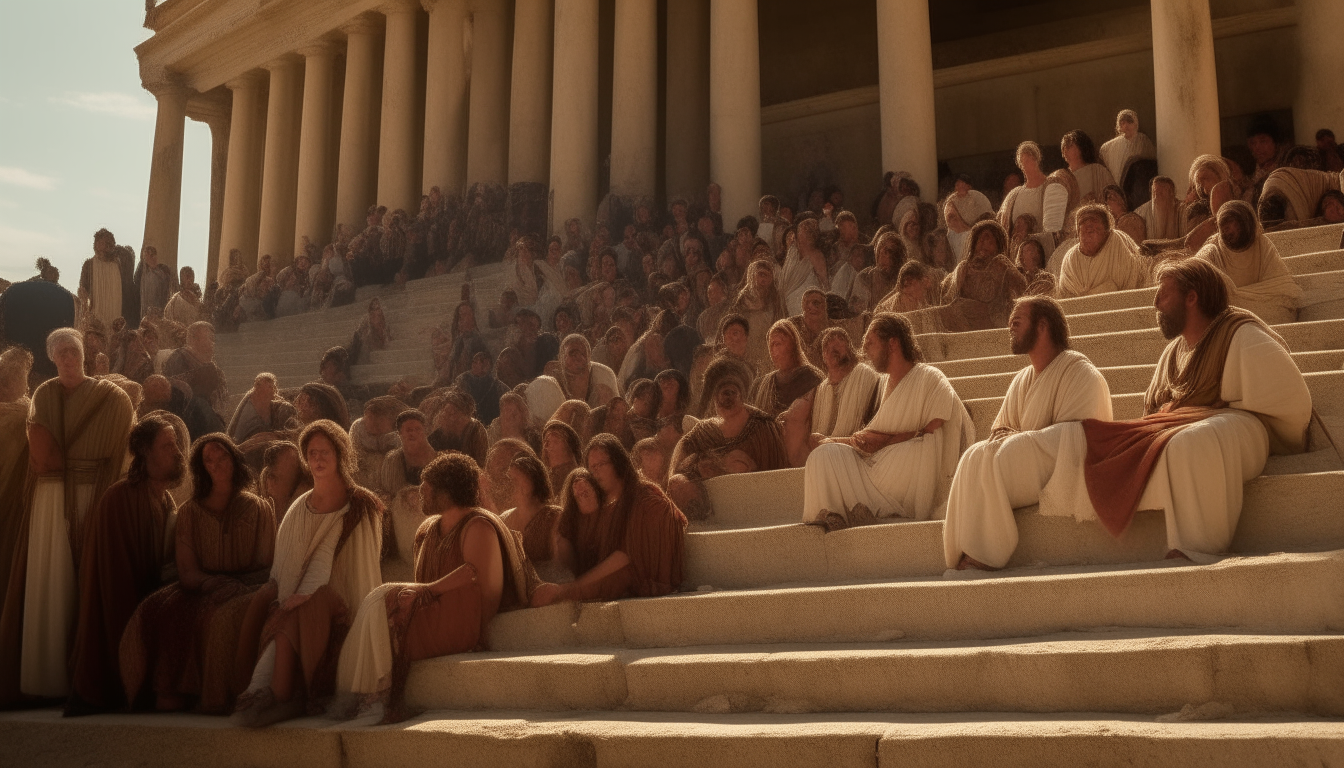 spectators seated on the stone steps of the fully crowded theater. They are dressed in authentic Roman attire—togas, tunics, and intricate headpieces, reflecting the fashion of the era. the theatre is full of people. The atmosphere is vibrant. Sunlight casts long shadows, enhancing the dramatic effect of the scene. in the style of in the style of cinematic, very detailed. People are proportioned to the steps