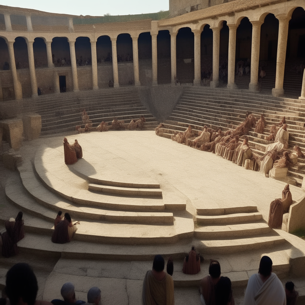 a circular stone structure filled with spectators seated on the steps, dressed in authentic Roman attire including togas, tunics and intricate headpieces from the era. Sunlight casts long shadows across the crowded theater, enhancing the dramatic atmosphere. The scene is set in ancient Rome. a circular stone structure filled with spectators seated on the steps, dressed in authentic Roman attire including togas, tunics and intricate headpieces from the era. Sunlight casts long shadows across the crowded theater, enhancing the dramatic atmosphere. The scene is set in ancient Rome. The spectators are proportioned correctly relative to the steps.